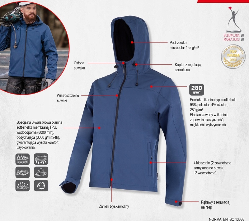 KURTKA POLAR BLUZA ROBOCZA SOFTSHELL Z KAPTUREM LAHTI PRO L40935 rozmiar S