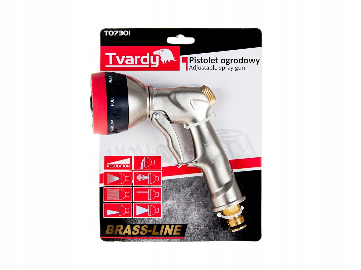PISTOLET OGRODOWY 8-FUNKCJI Z MOSIĘŻNYM PRZYŁĄCZEM BRASS-LINE TVARDY T07301