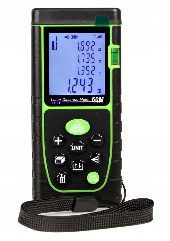 DALMIERZ LASEROWY MIERNIK ODLEGŁOŚCI CYFROWY 60M POZIOMICA WODOODPORNY LCD