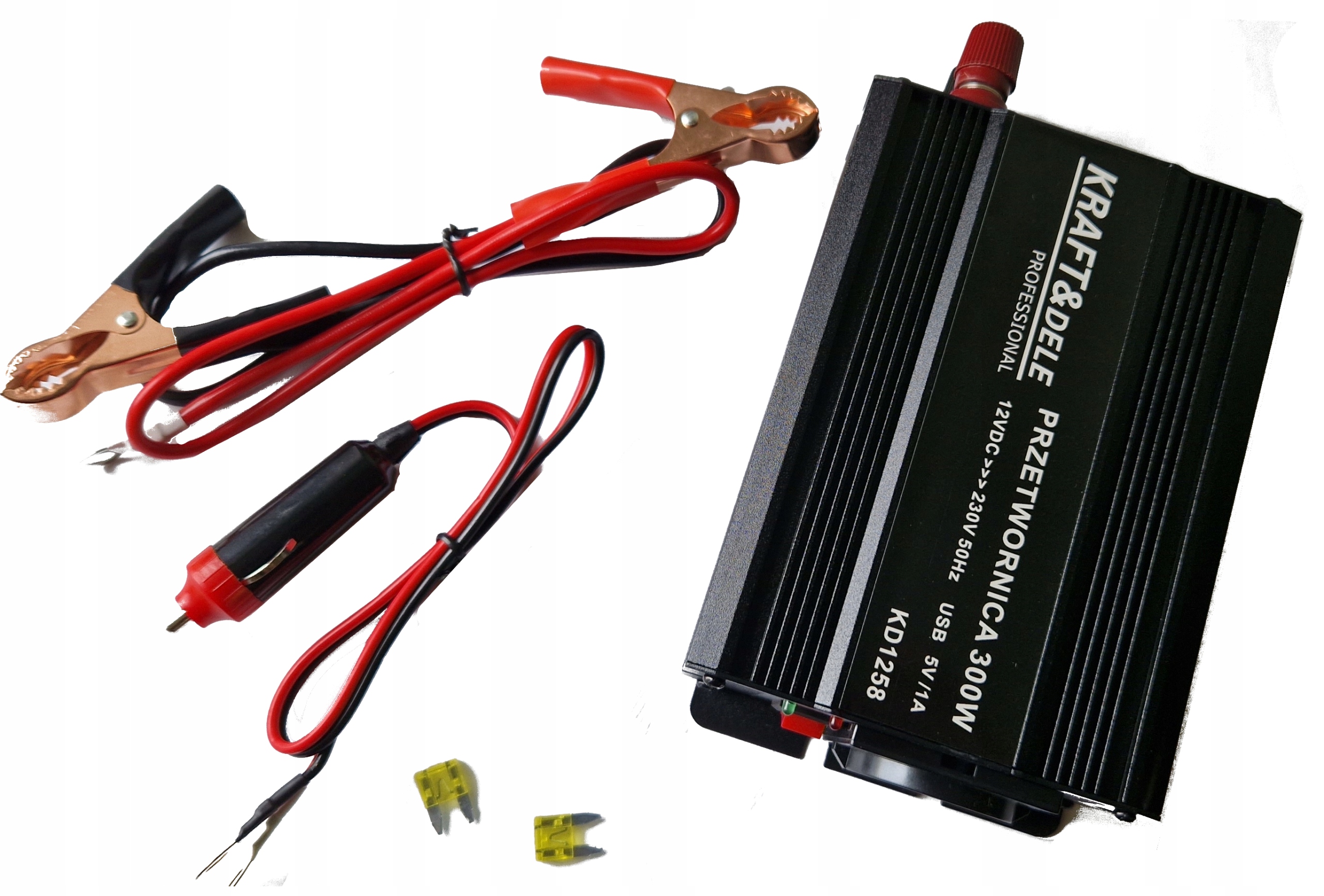 PRZETWORNICA SAMOCHODOWA NAPIĘCIA 12V 230V 300W + kable do akumulatora