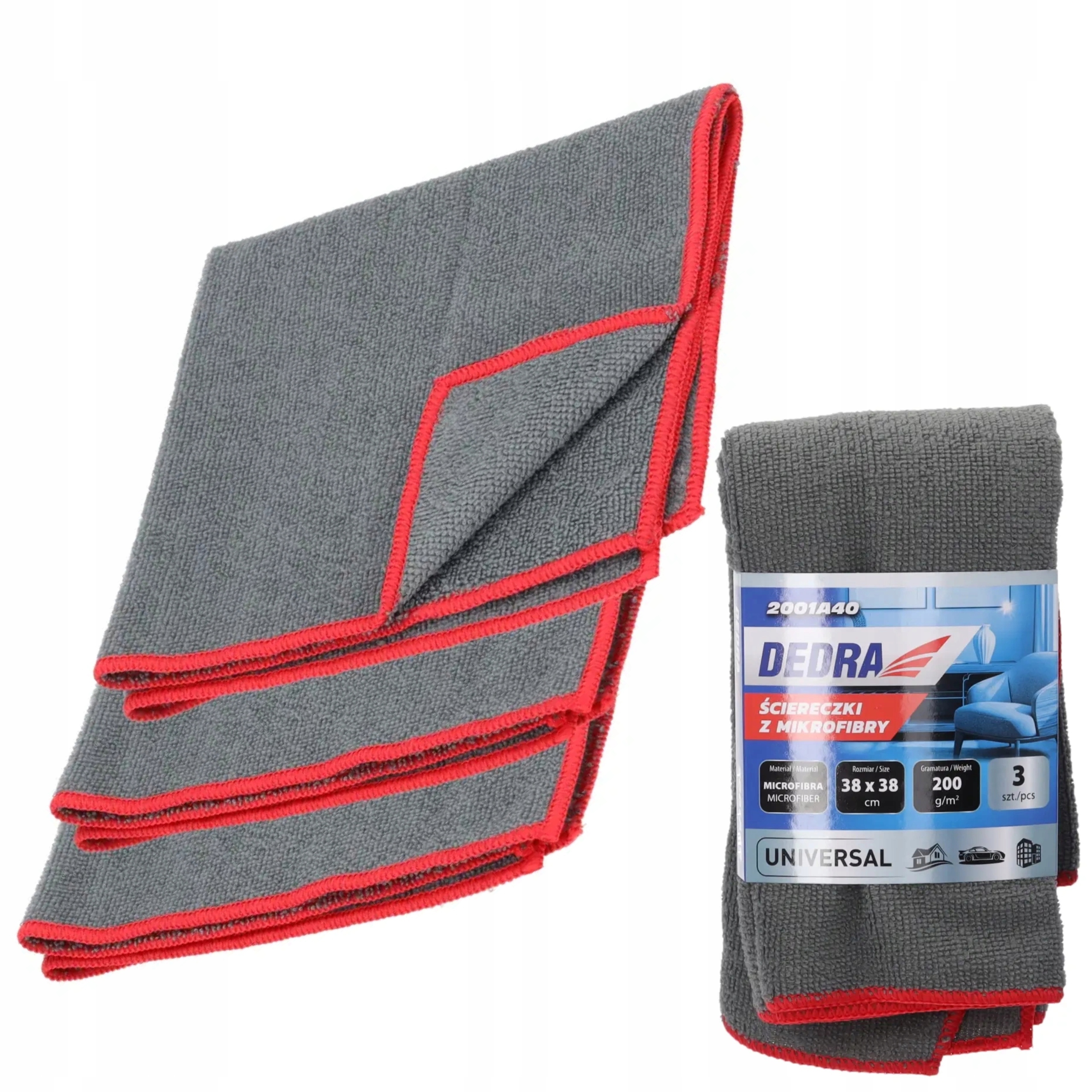 DEDRA ŚCIERECZKI UNIWERSALNE Z MIKROFIBRY ZESTAW 3 SZTUKI 38X38CM 2001A40