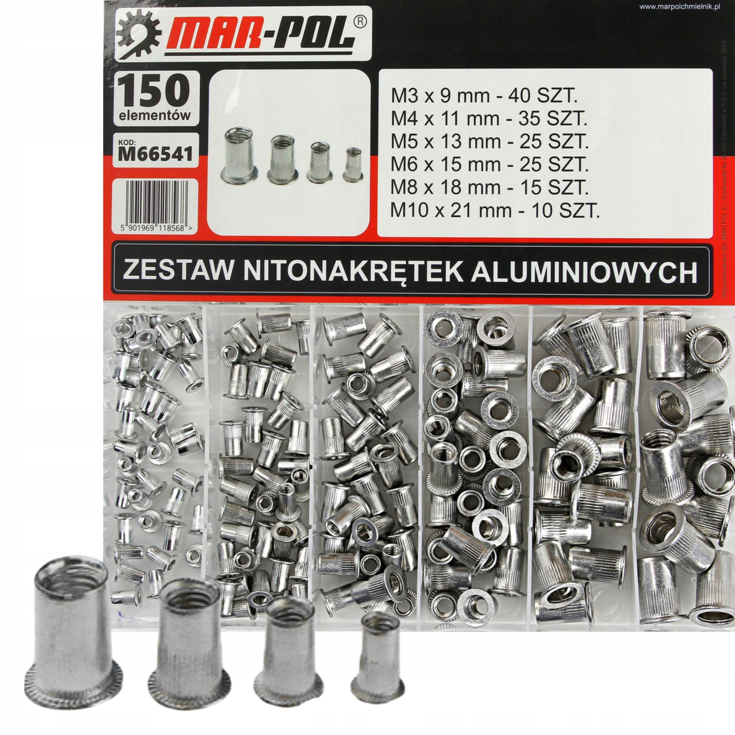 KOMPLET ZESTAW NITONAKRĘTEK ALUMINIOWYCH 150 ELEMENTÓW MOCNE + ETUI M66541