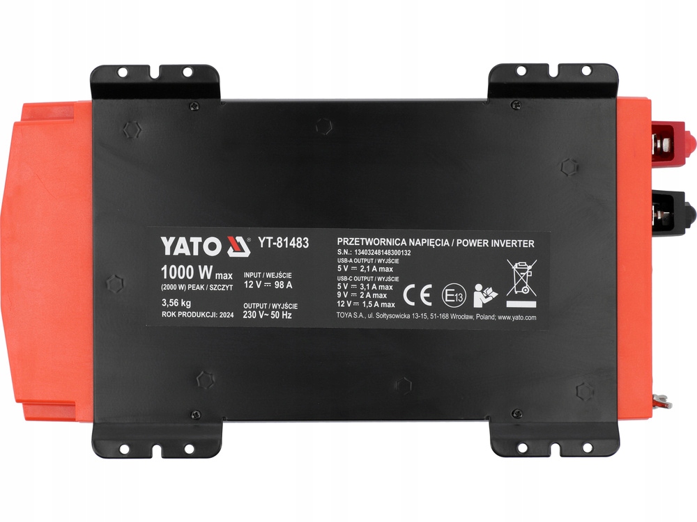 YATO PRZETWORNICA NAPIĘCIA PRĄDU STAŁEGO 12/230V 1000W USB-C CZYSTY SINUS
