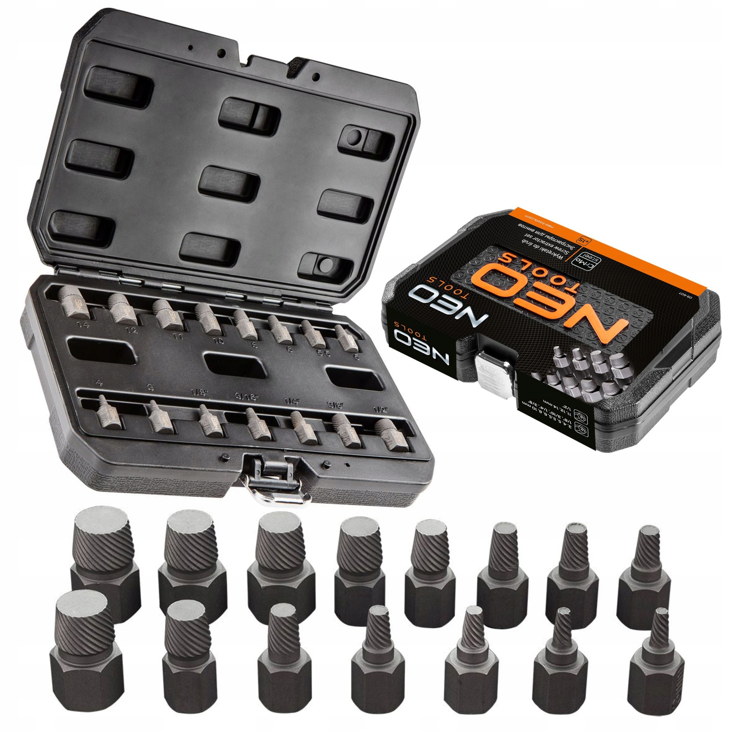 NEO KOMPLET WYKRĘTAKI DO ZERWANYCH ŚRUB SZPILEK 15SZTUK WALIZKA 09-607