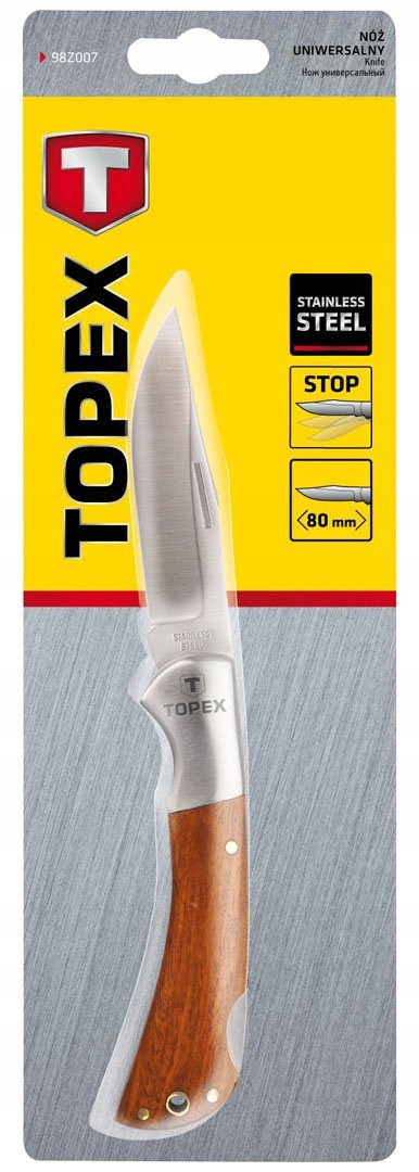 TOPEX NÓŻ SKŁADANY UNIWERSALNY STALOWE OSTRZE 8CM DREWNIANY UCHWYT 98Z007