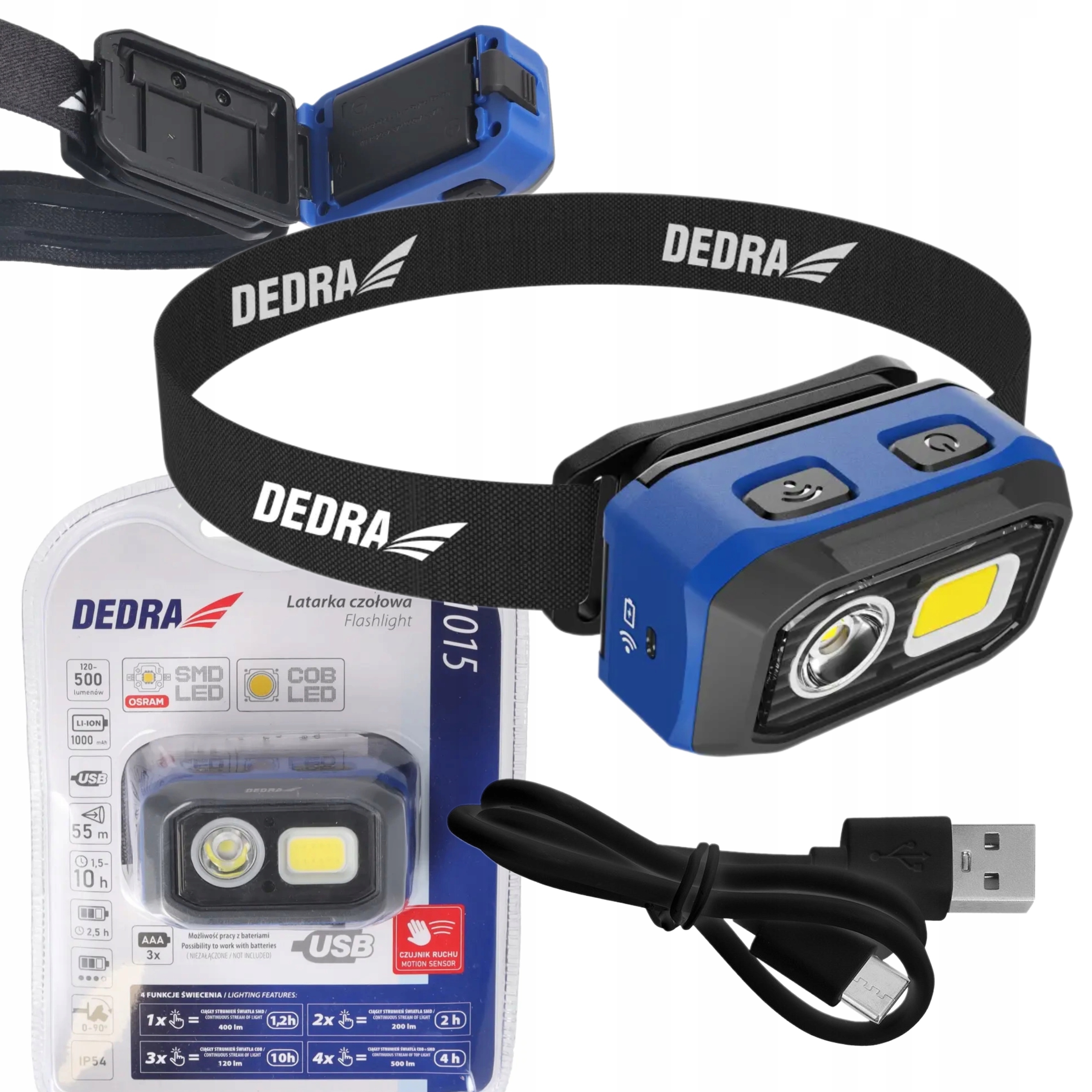 DEDRA LATARKA CZOŁOWA 500LM CZUJNIK RUCHU AKU 1000MAH/ 3XAAA BAT L1015
