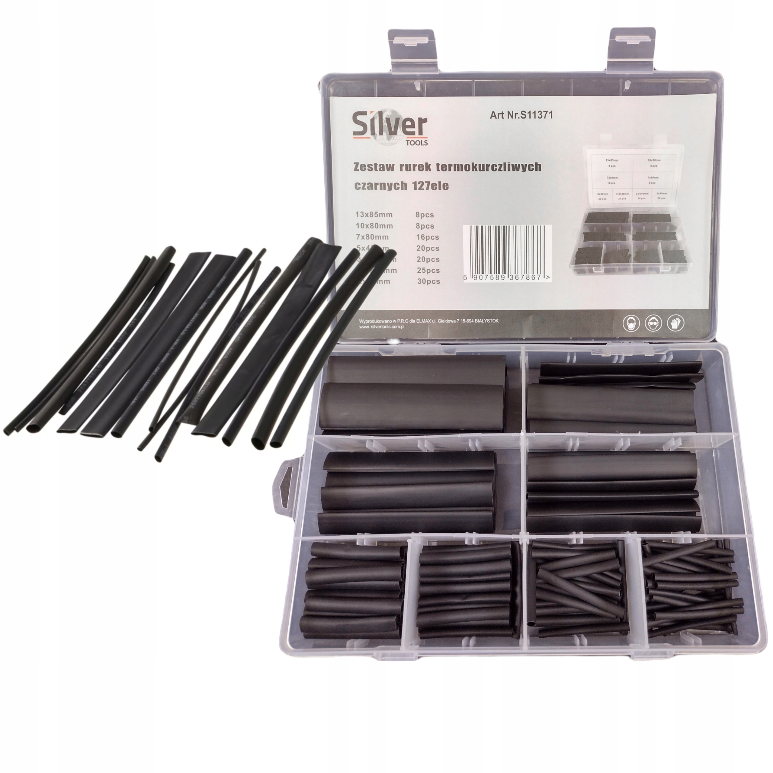 SILVER ZESTAW RURKI KOSZULKI TERMOKURCZLIWE CZARNE 127SZT ORGANIZER S11371