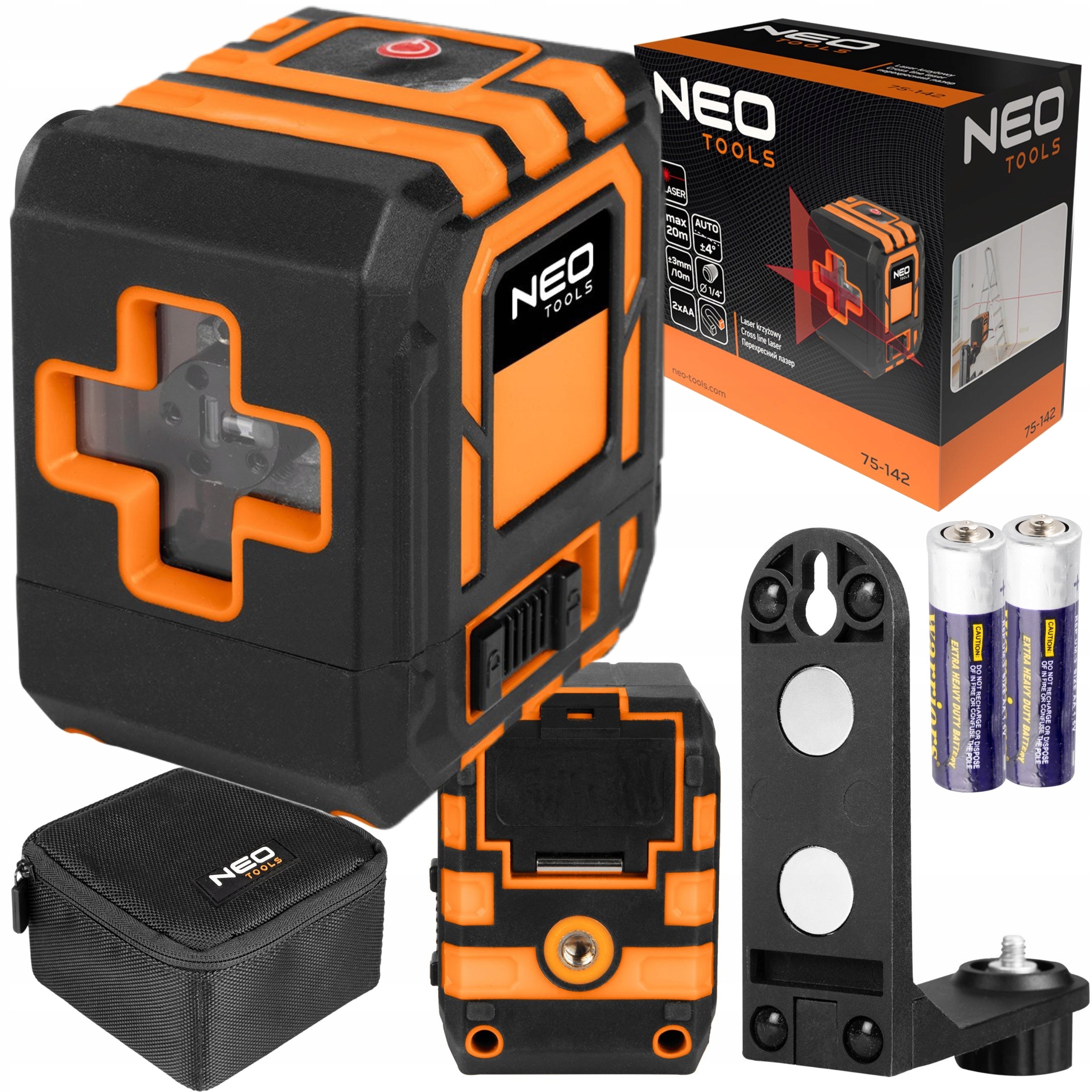 NEO LASER KRZYŻOWY 20 M, Z ETUI I UCHWYTEM MAGNETYCZNYM, CZERWONY 75-142