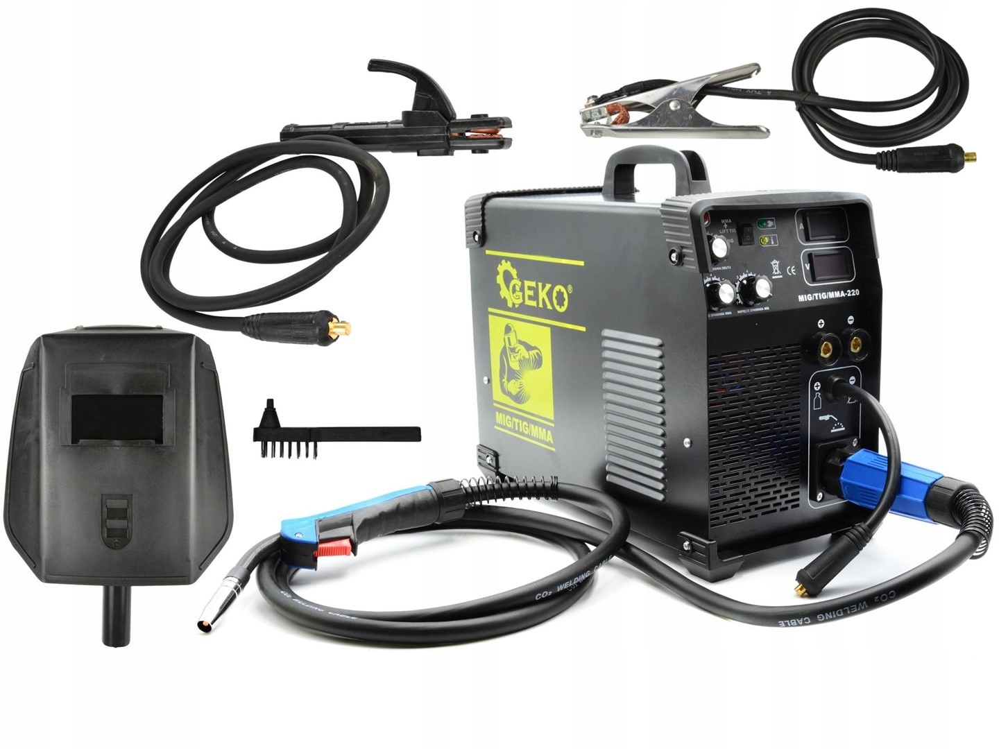 GEKO SPAWARKA 3w1 20-220A LCD MIG/TIG/MMA-220 +OSPRZĘT + MASKA G80096