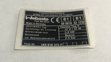 Наклейка informacyjna вебасто vw audi skoda seat оригинальный номер 1k0010375p фото №1