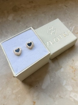 Złote kolczyki 585 CZARNE SERDUSZKA Z CYRKONIAMI - miniatura 3