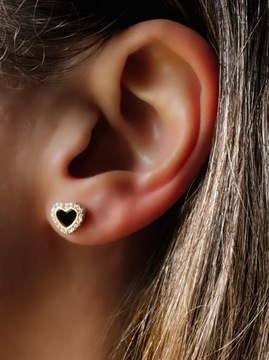 Złote kolczyki 585 CZARNE SERDUSZKA Z CYRKONIAMI - miniatura 2