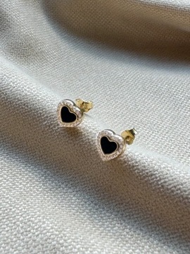 Złote kolczyki 585 CZARNE SERDUSZKA Z CYRKONIAMI - miniatura 1