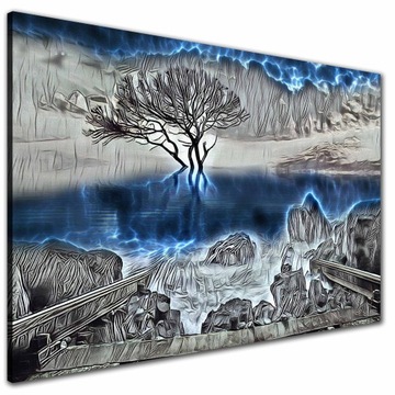 Холст картины для гостиной стены дерево вода синий 120x80 большой