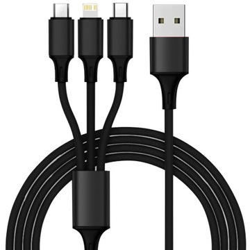 3в1 USB кабель для LIGHTINH MicroUSB USB-C QC зарядное устройство черный 120 см мощный