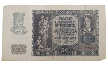Старая польская коллекционная банкнота 20 зл 1940