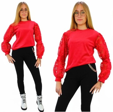 Красная велюровая блузка с кружевными рукавами 134