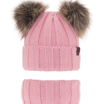 Комплект зимовий фліс тепла шапка помпони димар рожевий 52-56см, від 5 років