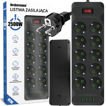 Подовжувач живлення 2500 Вт з QC3. 0 6X USB