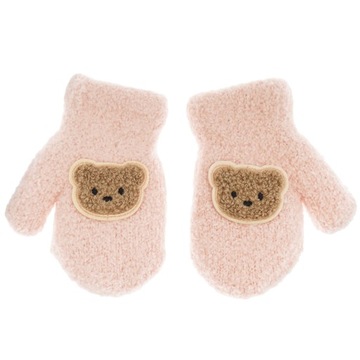 Перчатки 1P на меху утепленные розовые с коричневым медведем 12 см 98-104