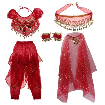 Детский костюм для танца живота, Топ с кисточками и монетами, шаровары, штаны, набор шарфов на бедрах XS, Красный