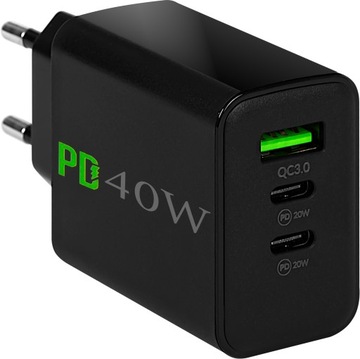 Зарядний пристрій 2x USB-C / USB-A QC 3.0 PD 40W