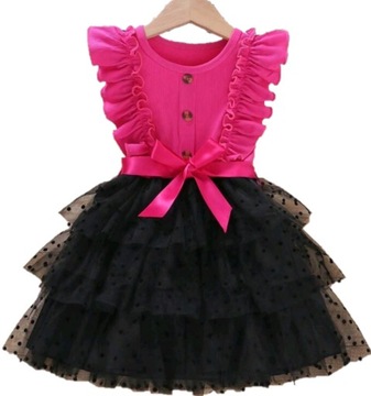 Платье 122 тюль черный розовый горошек воланы с поясом Рождество