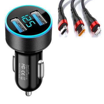 2x USB автомобильное зарядное устройство + 3in1 USB-C MICRO USB кабель Apple LIGHTNING
