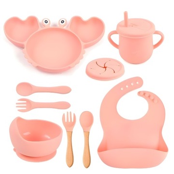 Набор силиконовой посуды безопасный для детей для малышей розовый