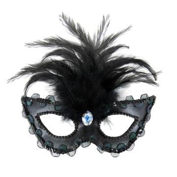 Карнавальная маска для глаз бриллиант с перьями черный Венецианский