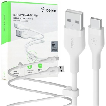 Belkin Boost flex кабель USB - A до USB-C 1 м 20 В з затискачем силіконовий Білий