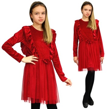 Элегантное платье Красный велюр тюль лук 116