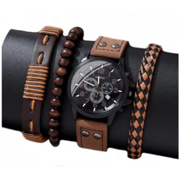 Мужские часы Geneva коричневый ремешок + браслеты
