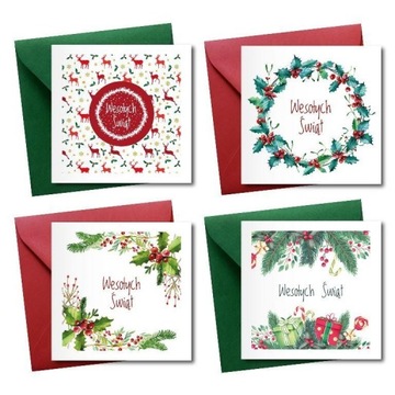 Рождественские открытки квадратные веточки красочные конверты 4шт