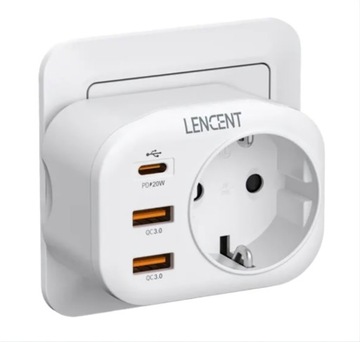 Lencent розетка зарядное устройство 4 в 1, 2x USB-A, 1x USB-C Pd, ЕС Plug / RU