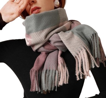 Жіноча шаль плед шарф пензлика рожевий сірий решітки прямокутник теплий 185 см