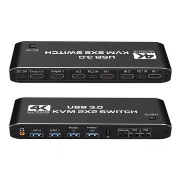 Переключатель USB3.0 KVM с двойным экраном, 2 входа и 2 выхода,