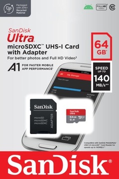 Карта Micro SD SANDISK ULTRA 64GB A1 140 МБ/с.