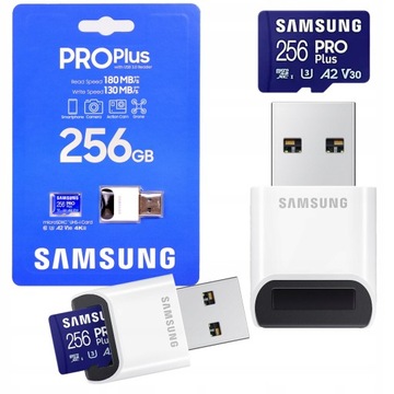 Карта памяти Samsung PRO Plus microSDXC 256 ГБ UHS-и U3 + устройство чтения карт памяти USB
