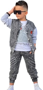Спортивный костюм для мальчиков, 3 части, имитация джинсовой ткани, футболка, куртка-бомбер, штаны, 134