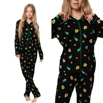 Пижама для девочек, длинная теплая рубашка и брюки, черная, авокадо, р. 164