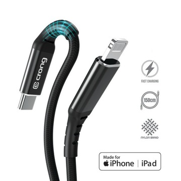 Кабель USB-C Lightning швидка зарядка з сертифікатом MFi 150 см чорний Crong