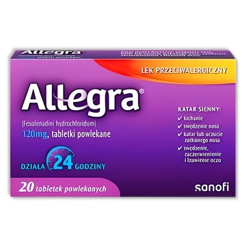 Аллегра 120 мг, антигістамінний ефект, 20 таблеток, вкритих оболонкою