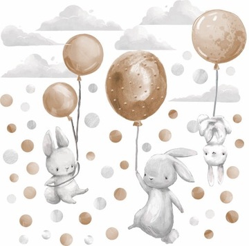 Наклейки на стіну з кроликами і повітряними кулями, бежеві наклейки на стіну для дітей