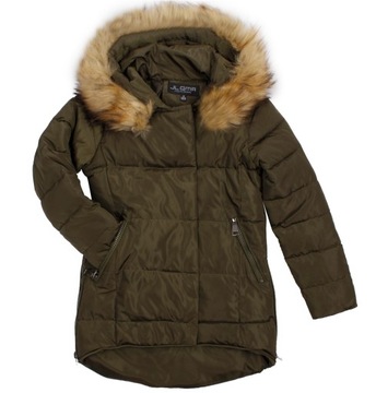 Зимняя куртка из искусственного меха теплая зеленая хаки стеганая легкая 140