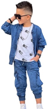 Спортивный костюм для мальчиков, комплект из 3 предметов, имитация джинсовой ткани, куртка-бомбер, брюки-карго, 128