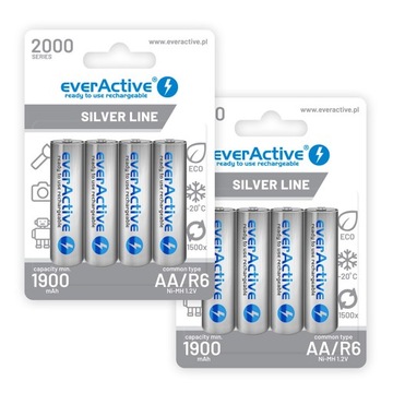8 x R6 / AA everActive 2000mAh Ni-MH готовий до використання 1.2 V 1.2 V silver line