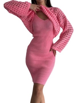 Женское Трикотажное Платье С Перфорированным Плечом, Комплект Из Двух Предметов Розового Цвета
