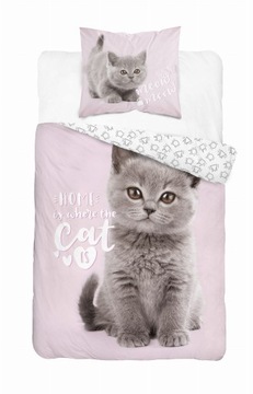 Молодежное постельное белье 140x200 котенок серый на розовом