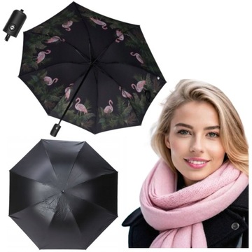Зонт женский автоматический складной зонт для сумочки черный фламинго